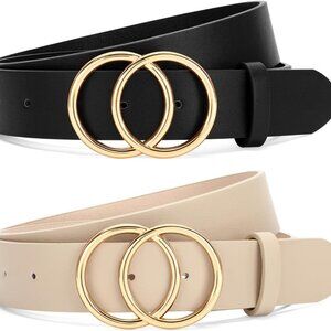 2 Pack Women Faux Leather Jeans Belt with Double O Ring Buckle in Black & Beige